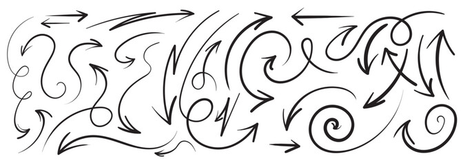 Set of hand-drawn thin line arrows. Various curvy and wavy arrow vectors on a white background.
