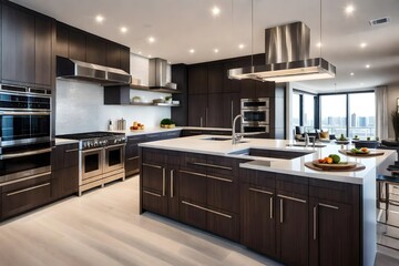 An HD photograph capturing the sleek and modern design of a luxury apartment kitchen, complete with gleaming stainless steel appliances that define the space.