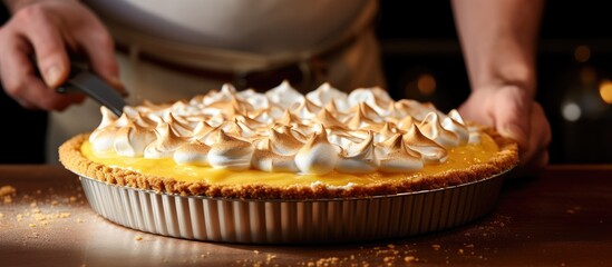 Making a lemon meringue pie in the kitchen by adding homemade lemon filling to a graham cracker crust.