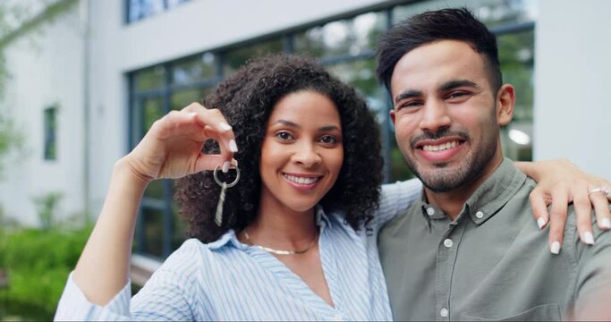 Face, couple and keys outdoor of new home, real estate and building investment for moving, property or mortgage loan. Portrait of happy man, woman and interracial partner with key to rent apartment