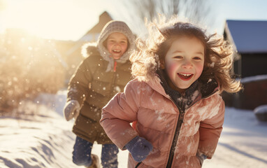 two children running in the snow on a sunny day