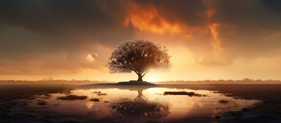 One big tree stands in a wide field by water. At sunset, with smoke and dust in the air.