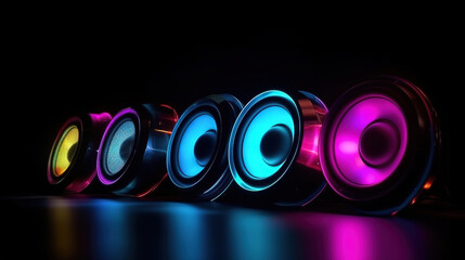 Neon lit speakers in a black background with a group. Generative Ai - obrazy, fototapety, plakaty