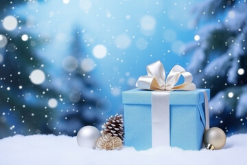 christmas gift box on snowy background with copy space