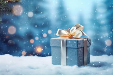 christmas gift box on snowy background with copy space