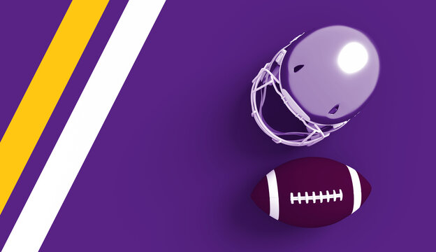 American football helmet and ball with Minnesota Vikings team colors background. Template for presentation or infographics. 3D render