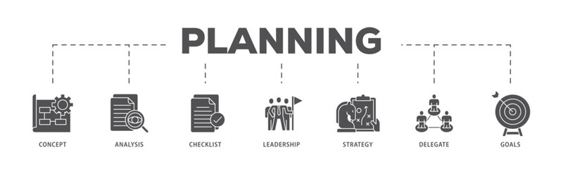 Planning infographic icon flow process which consists of concept, analysis, checklist, leadership, strategy, delegate and goals icon live stroke and easy to edit 