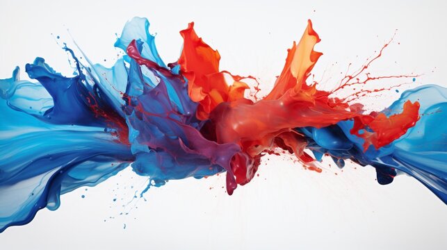 a dynamic image of vibrant red and blue paint splashes colliding on a pristine white canvas, frozen in time.