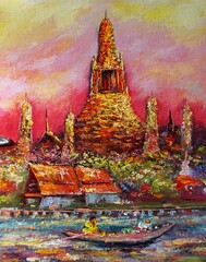 Original painting Oil color thai temple   wat arun , Siam Land of Smiles 