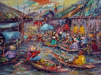 Original art painting Oil color Floating market Thailand countryside	