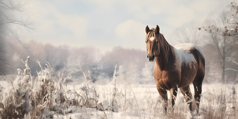 Horse running on snow in winter forest generative ai,Belgian Heavy Horse images,Chestnut Mare galloping in meadow in fresh snow, beautiful light, snow covered trees in background.
