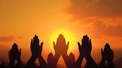 Free concept: Raised hands catching sun on sunset sky. Generative Ai