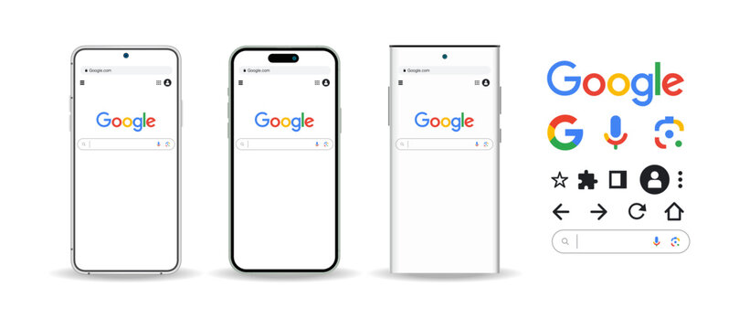 Google search bar template with modern smart phone  front view. Search browser for information using the Google search engine. Vector of the main page with Google search box.