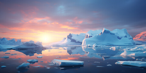 iceberg in polar regions,Icebergs in the blue sky. 3d render illustration, Blue Ice covered mountains in south polar ocean. Winter Antarctic landscape,Floating ice and glacier in Antarctica view of ic