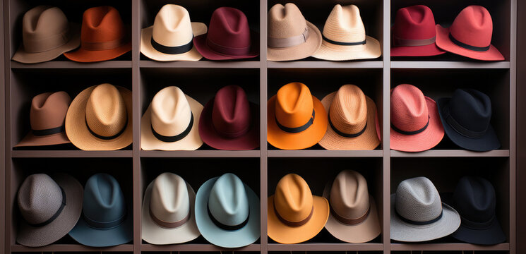 Closet full of bright and colorful hats