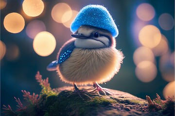 Obraz premium bird on a stone with blue hat and blur light effect bg