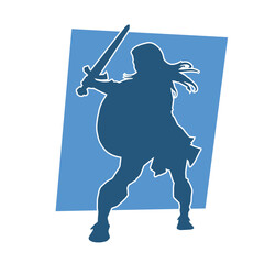 Silhouette of a female warrior in battle armor carrying sword weapon and iron shield.