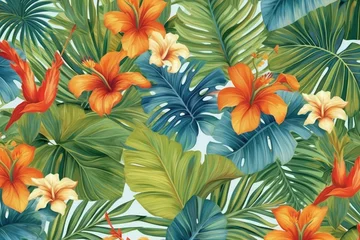 Fotobehang Tropical exotic pattern with animal and flowers in bright colors and lush vegetation. Ai Generative. © Mix and Match Studio