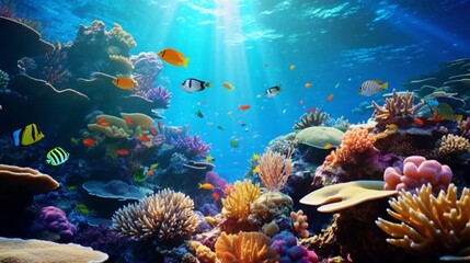 Naklejka na ściany i meble Sunshine on a coral reef and tropical fish. Aquarium in Singapore