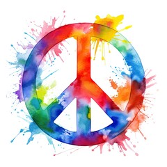 Watercolor pacifist peace symbol with colorful splashes on white background. - obrazy, fototapety, plakaty
