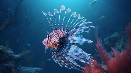 Naklejka na ściany i meble a mesmerizing scene of a solitary lionfish, with its striking, spiky fins, gliding through the serene blue depths of a coral-filled sea.