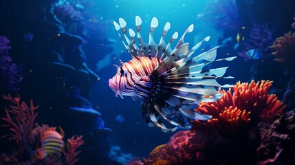 Fototapeta na wymiar a mesmerizing scene of a solitary lionfish, with its striking, spiky fins, gliding through the serene blue depths of a coral-filled sea.