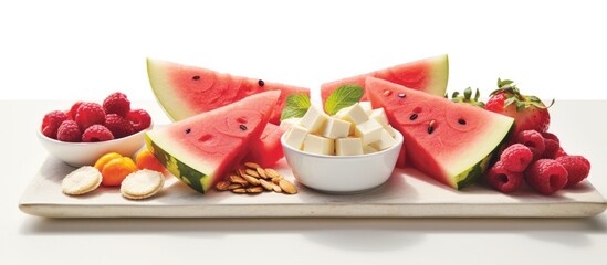 On a crisp white background, an expertly styled breakfast spread catches the eye in a captivating photography shot a slice of ripe, juicy watermelon, its vibrant organic colors contrasting against the