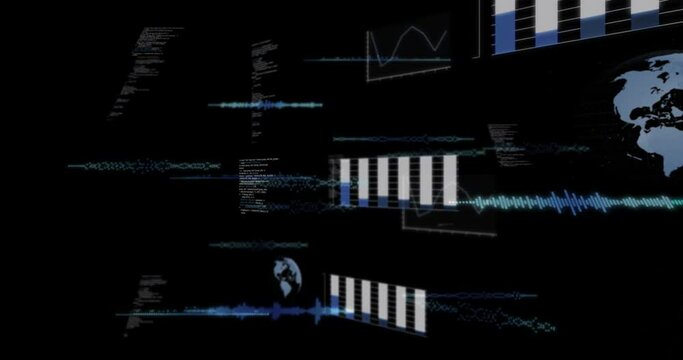 Animation of digital interface and data processing on black background