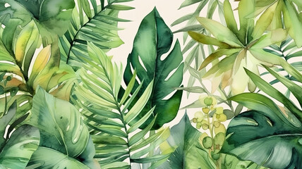 Leaves isolated on white. Green tropical leaves. Hand drawn vector illustration. Generative Ai