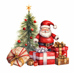 Obraz premium Christmas clipart. Toy Santa Claus with gifts under the Christmas tree