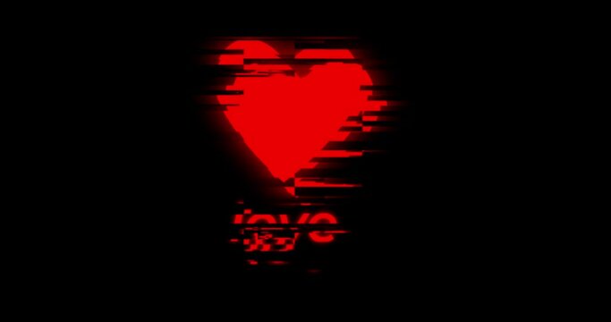 4k glowing heartshape glitch effect on black background with love text