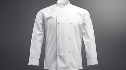 A 3D-rendered front view of a blank white chef jacket