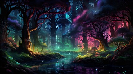 a mystical forest, where iridescent, bioluminescent trees emit an enchanting, otherworldly glow.