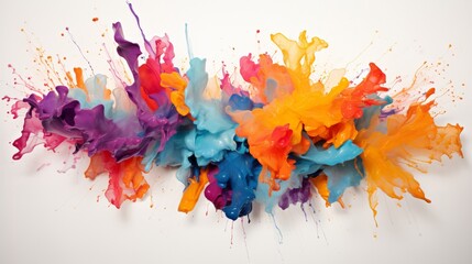 a paint explosion, with various colors converging to create a harmonious and artistic display on a snowy white backdrop.