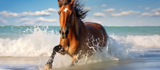 On a beautiful summer day at the beach, an isolated and happy horse frolicked water, showcasing its funny and playful nature as it splashed and enjoyed the serene sea. This magnificent mammal, a - obrazy, fototapety, plakaty