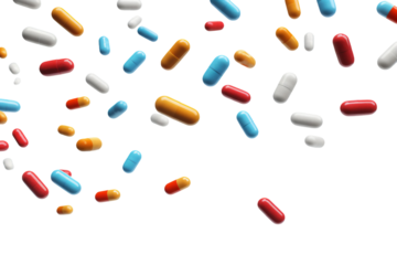 many medical capsules in the air on transparent background