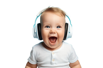 laughing baby listening music with headphones isolated on transparent background