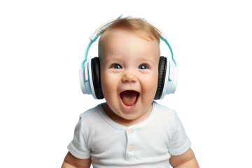 laughing baby listening music with headphones isolated on transparent background