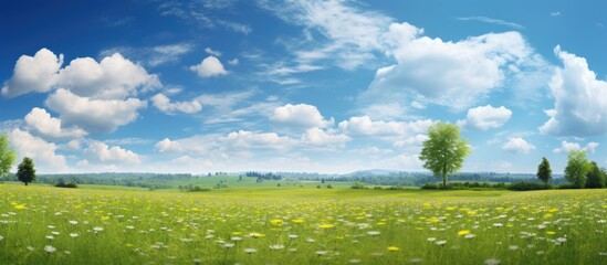 Fototapeta premium midst of a serene landscape, vibrant green grass danced under the warm summer sun, painting a breathtaking background against the clear blue sky adorned with fluffy white clouds, showcasing the beauty
