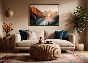 cozy living room with modern decor, elegant beige sofa, painting, green plant, and warm elements
