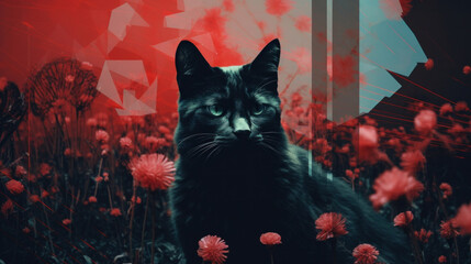 Black cat with red flowers on the meadow.