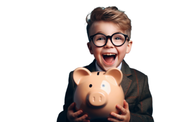 child boy hand hold piggy bank isolated on transparent background