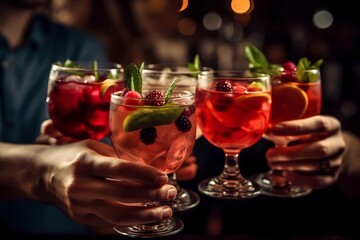 Social Sip: People In Congregation Elevating Glasses Of Vibrant Cocktails