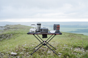 Equipment for camping kitchen, cooking in nature.