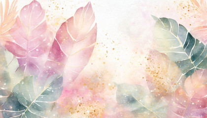 Watercolor background with tropical leaves in pastel colors