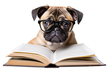 surprised dog with glasses read opened book on transparent background
