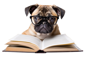 surprised dog with glasses read opened book on transparent background