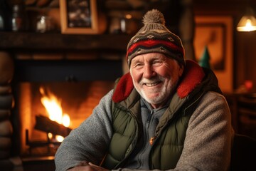 Portrait of a senior man sitting in front of fireplace at home.