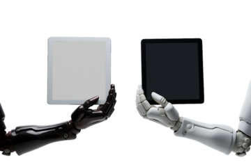 robot hands hold tablet on transparent background