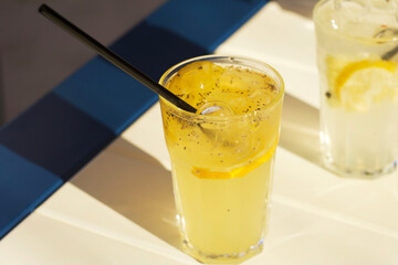 A glass of cold lemonade